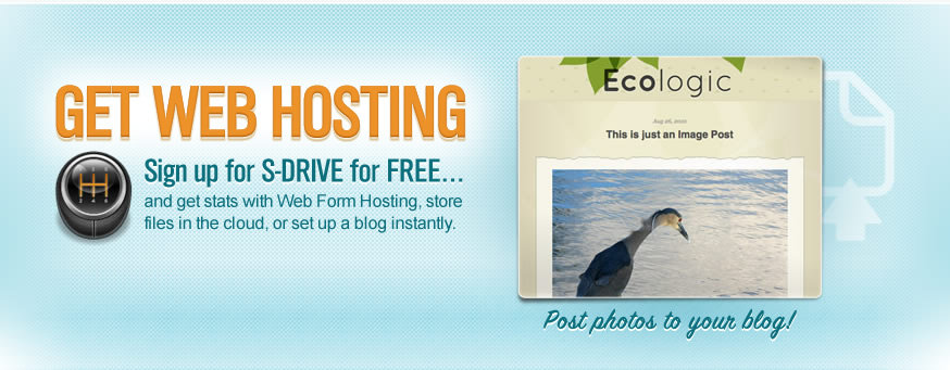 Get Web Hosting - Sign up for S-Drive for FREE and get stats with Web Form Hosting, store files in the cloud, or set up a blog instantly!